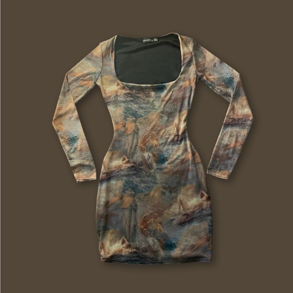 Shape Nude Renaissance Print Mesh Square Neck Bodycon Dress - Picture 1 of 4